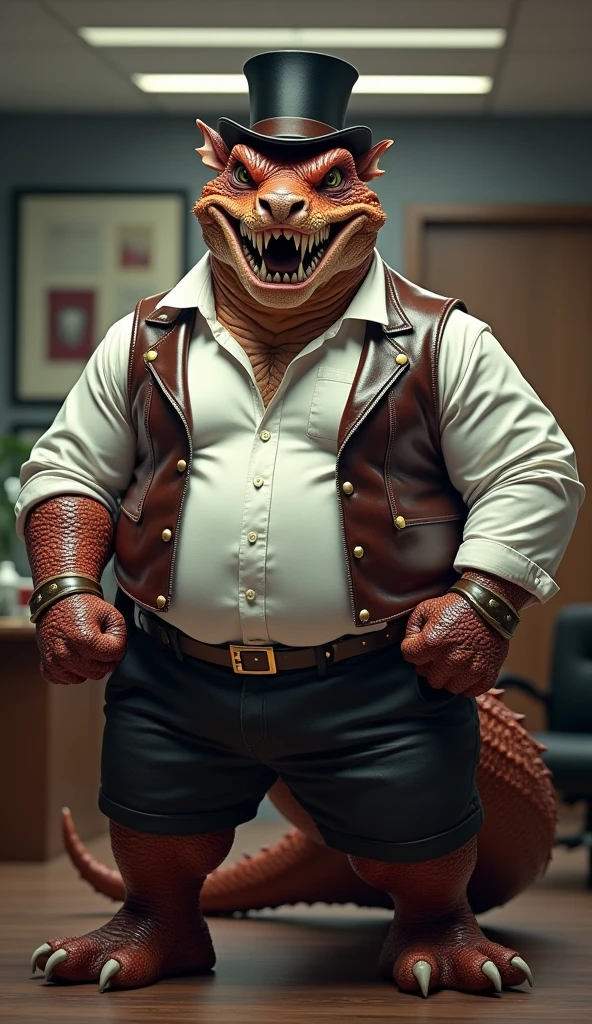 A full body image of a fat and extremely obese authoritative Male Anthropomorphic Dragon wearing a leather dog collar around his neck and wearing glossy white rubber gloves on his hands and feet and a leather collar around the neck. The Dragon is also wearing a top hat on his head, The top hat is glossy and shiny in texture as well as the rubber gloves and leather collar. The Dragon's leather collar has a lot of detail and is shiny and fancy. The white rubber gloves are also fancy and glossy in texture. The Dragon is in an office setting and is facing the viewer with an evil grin and clenching his fists and teeth. The Dragon the boss of the office and an authoritative figure. The Dragon is wearing a white collared shirt with buttons and a leather vest with buttons as well as a top hat and his sleeves rolled up. The Dragon is wearing the leather collar and the shirt and the leather vest at the same time. The Dragon takes pride in his dapper attire and stature by rubbing his belly while laughing evil like and happily showing off his glossy leather gloves and leather collar. The Dragon is clenching his fists with an angry demeanor to show his power. The Dragon loves leather and happily flaunts his attire.