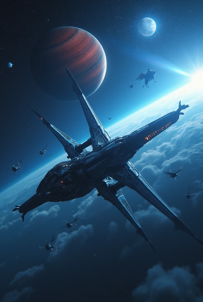 A delta wing dog flying through a star filled space with winged horses on a blue sun and Mars