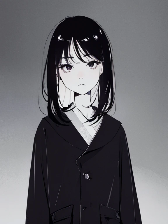 Black Hair、Cold look:1.5、Japanese woman in her 30s、Dark Background、One Cool Lady:1.2、Sharp Eye、night、Sad face、whole photo、Looking up at the sky、Put your hands in your pockets、Transparent woman、Black Eyes、