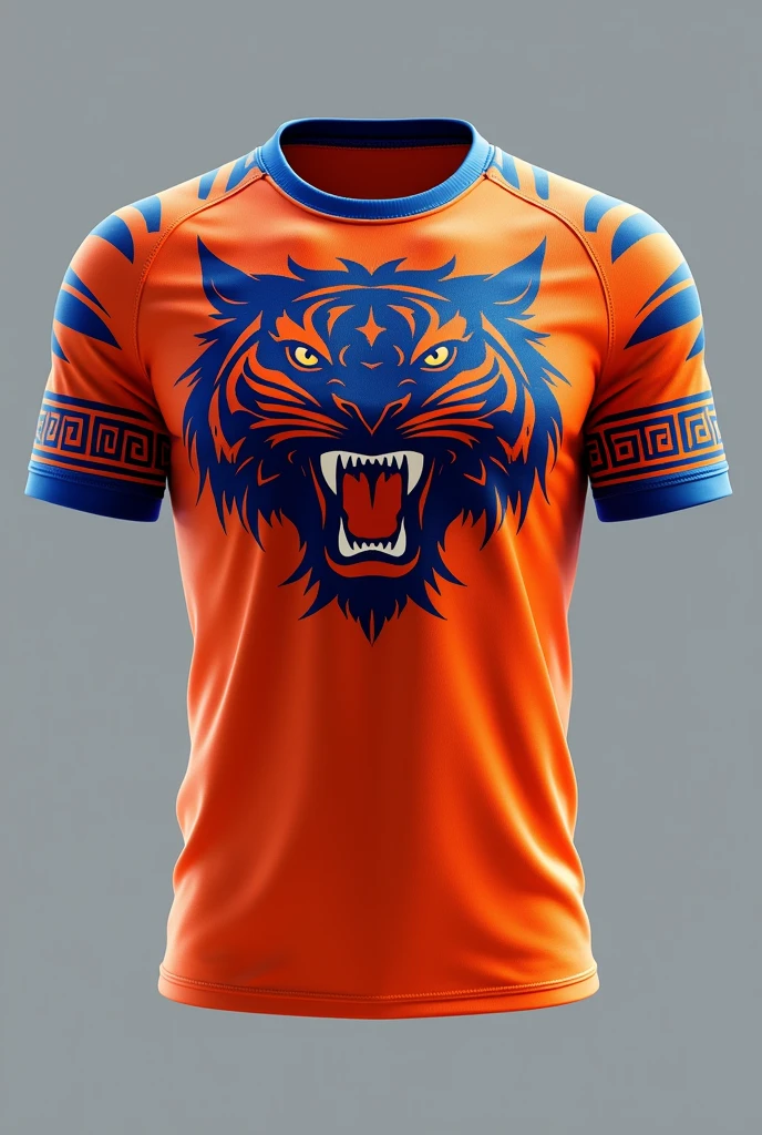 A model of a men's futsal shirt in orange with blue details, many sporty details, with a tiger claw on the left breast of the blouse, a claw in the back. Details only on the Greek pattern sleeve. Greek pattern on the bottom collar of the blouse