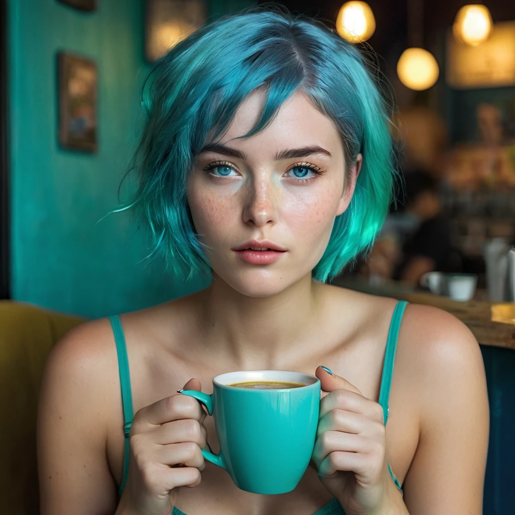 Woman 20 Years Old Nordic Ethnicity, short blue hair with a perfect face and light freckles, Blue-Green Eyes, A slightly mysterious shot of NovaiBrew sipping coffee, her eyes half-closed in a moment of indulgence. The setting could be a café or her home, with dim, warm lighting.((Color palette - turquoise, neon green, yellow shades))