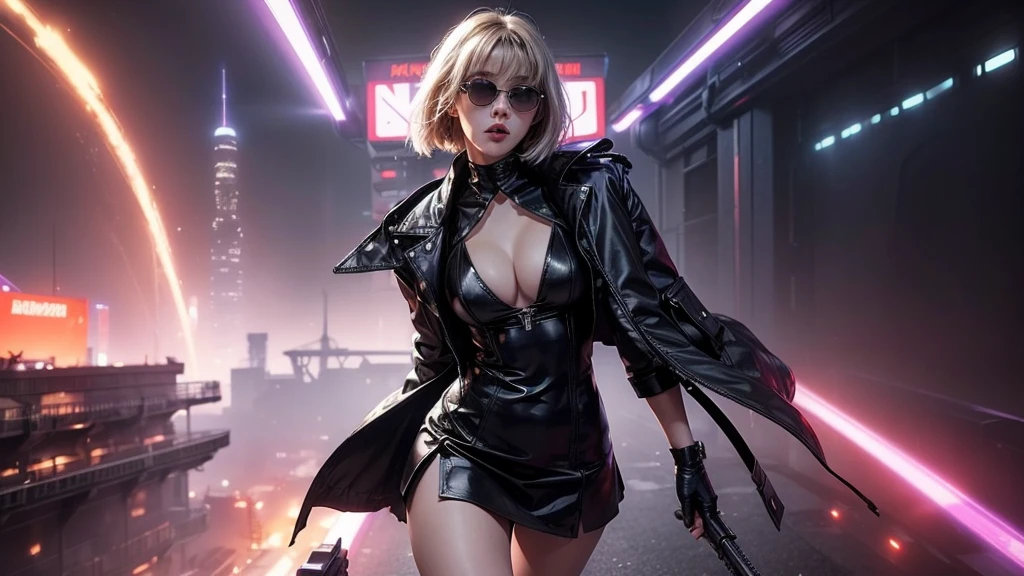 (Wide angle view). Blade Runner style futuristic city, simple outlined transparent neon tall buildings, glowing giant clock tower, flying cars, helicopter, lightning, 3D rendering Beeple. At night, (1girl, solo, alone), photorealistic, medium-breast slim:0.6 body, oval:0.6 face, cleavage:1.1, sexy black laced bra, glove, deep-V, (very low angle view of miniskirt), white laced panty, coat, (Matrix style black micro sunglasses), ((aiming viewer with a short gun)), (running pose), (half-body thigh level close-up shot), cinematic lighting, ray tracing.