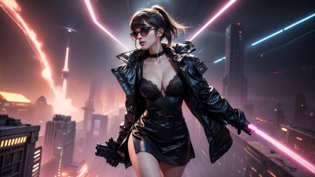(Wide angle view). Blade Runner style futuristic city, simple outlined transparent neon tall buildings, glowing giant clock tower, flying cars, helicopter, lightning, 3D rendering Beeple. At night, (1girl, solo, alone), photorealistic, medium-breast slim:0.6 body, oval:0.6 face, cleavage:1.1, sexy black laced bra, glove, deep-V, (very low angle view of miniskirt), white laced panty, coat, (Matrix style black micro sunglasses), ((aiming viewer with a short gun)), (running pose), (half-body thigh level close-up shot), cinematic lighting, ray tracing.