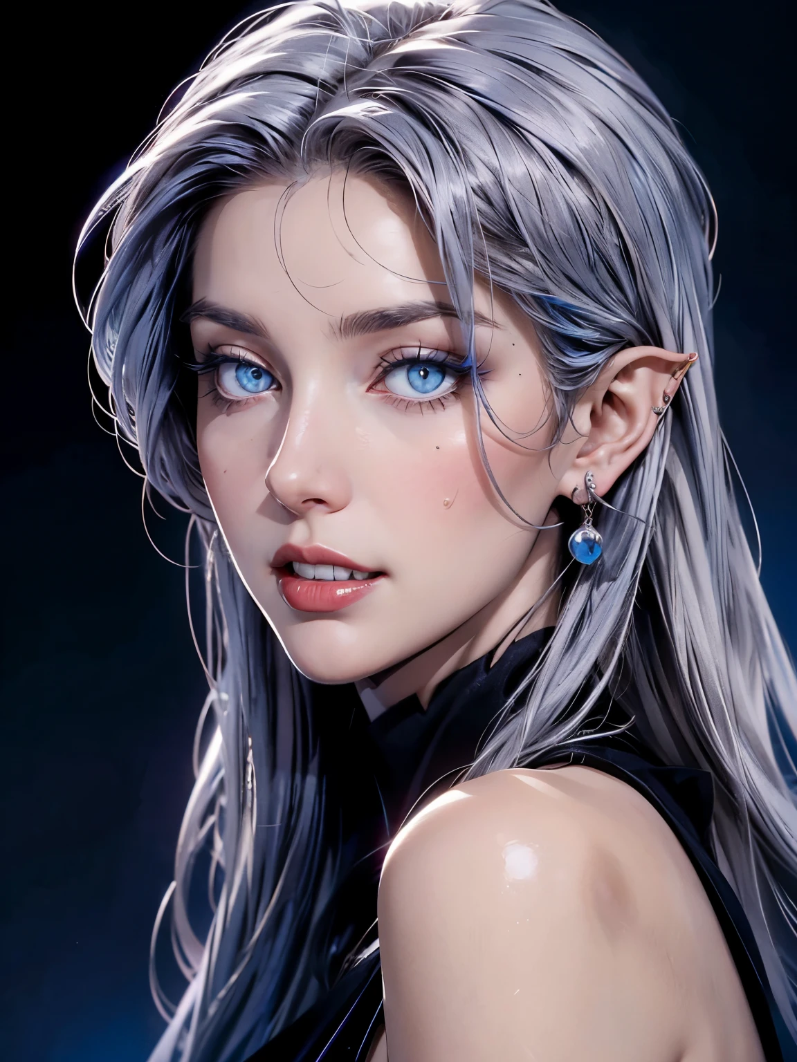 beautiful vampire woman in her 30s, with blue eyes and striking features, exuding maturity and allure in a seductive pose.(dark-blue background), pointy ears, glowing blue eyes, (fangs), beauty, ( long white hair), an14