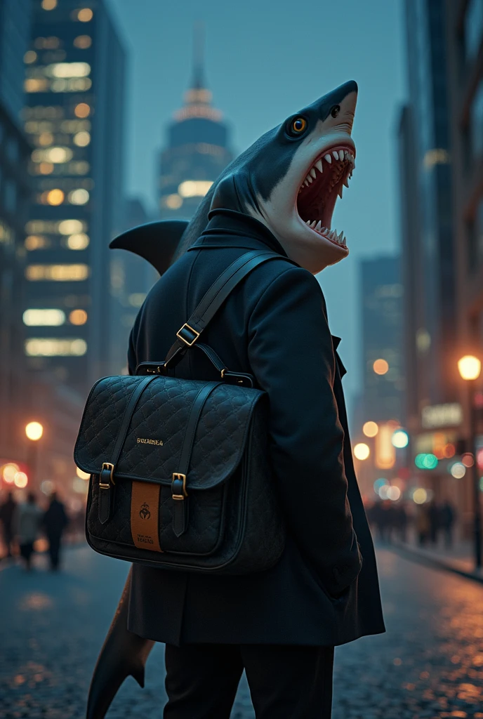 Frankfurt am main skyline,a shark carrying gucci messenger bag in black dark night lights with cali packs weed