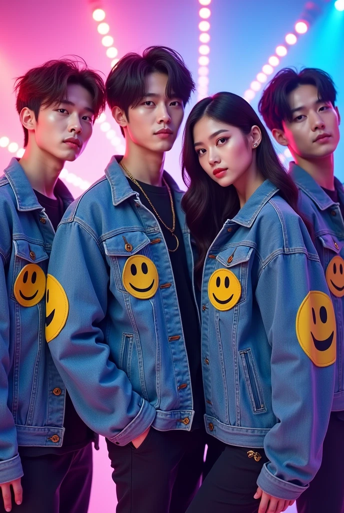 Create an image of a stylish K-pop band with three handsome male members and one beautiful female member. Each member should be wearing a trendy denim jacket with a smiley face design. The vocalist is holding a microphone, the female member holding a guitar, and one male member holding a guitar, and other male member on the drums. The group should have fashionable hairstyles, modern outfits, and be posed in a cool, confident manner. The background should be vibrant and energetic, with colorful lights that emphasize their star power and group dynamic.