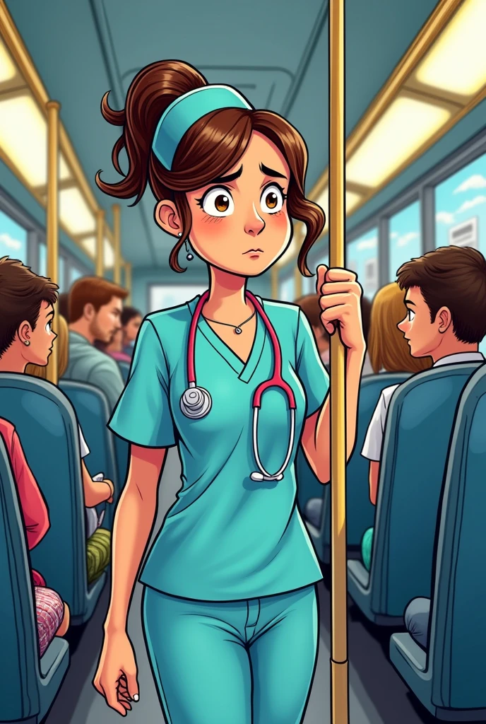 Nursing student on bus. Standing Supported by metal tube ,Funny comic strip design Mafalda style