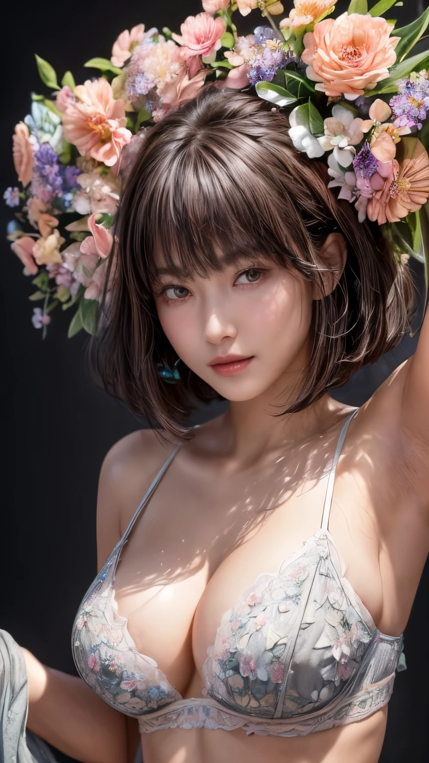 ((Large Breasts)), ((Light gray underwear))、(((masterpiece, best quality)), 1 girl, (Practical: 1.4), Solitary, black background, Dark brown hair, ((Bangs))、Ji_cut、short hair,Smile、 ((whole body)),  Very beautiful woman、Slim women、(Delicate face)、Practical Skin、((Exquisite photos))，(女孩masterpiece RAW 照片详情:1.25), (best quality:1.6), (Ultra-high resolution:1.5), (Practical:1.75),8K resolution, ,50 mm,absurd, Extremely detailed,Cinema Lighting、(((Lots of flowers)))、(((Floral art)))、artwork、((Carving pose))
