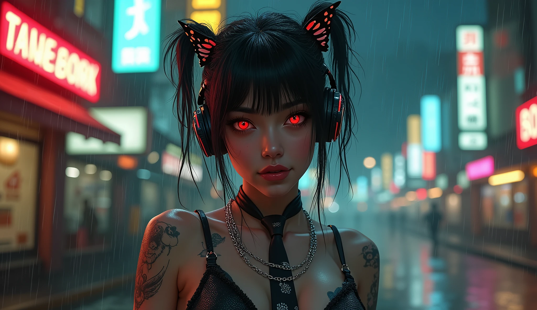 nude, chromatic aberration, Written boundary depth, Soft lighting, masterpiece, Highest quality, Complex, Tone Map, Very detailed, Art Station, Concept Art, Smooth, Sharp focus, Dramatic lighting, Very detailed artwork, Cinematic, hyper Realistic painting, Art Stationでトレンド, 8k, Incredible Shadows, Realistic, (Very detailed background:1.0), A Very detailed portrait of a solo 1girl standing on a street corner, During a rainstorm with thunder and cloudy skies, neon and cyberpunk background, she is wearing punk clothes with silver chains and silver spikes, She has butterfly-wing hair clips in her messy hair.., She is wearing headphones and a tie, , Clear pupils、Glowing red eyes, Ominous aura halo, smile, punk, cyberpunk, Backlight, Face Tattoos:1.3, (tattoo on 顔:1.5), Ghost Makeup, Zombie Makeup:1.2,Neon yellow light in the background
