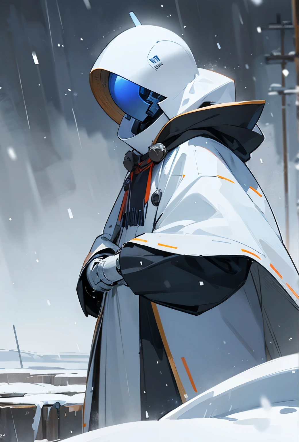 Robot in a cloak, snow falling, cool, invisible robot