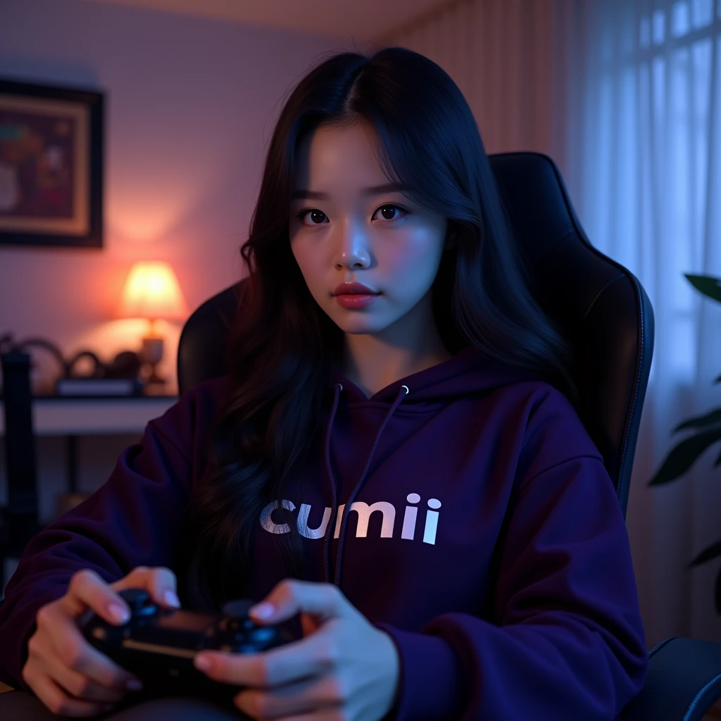 A beautiful Korean woman , with long hair sitting on a gaming chair wearing a dark purple hoodie with a name on it " cumiii "
