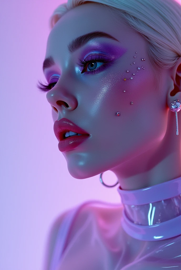 Create a close-up, highly detailed illustration of a futuristic, ethereal-looking woman with pale skin and platinum blonde hair styled sleekly. The lighting should have a soft, violet hue with an overall cool tone. The woman should have multiple piercings and microdermal jewelry on her face, with the following specific placements: Septum piercing: Small, minimalistic jewelry. Nostril piercing: Slightly larger, shiny jewelry. High nostril piercing: Positioned higher on the nose, with a subtle, elegant design. Eyebrow piercing: Small, above the outer edge of her eyebrow. Microdermal piercings: Near her cheekbone, glowing slightly. Vertical labret piercing: Positioned centrally on her lower lip. The makeup should be bold and futuristic, with metallic purple eyeshadow that reflects light, giving it a glossy effect. The background should be a gradient of deep purple to lighter lavender, complementing the overall color scheme. Her outfit should have a sleek, translucent appearance, perhaps with a glossy, vinyl-like texture that catches the light. The image should have a modern, almost digital art style with a hyper-realistic finish, and include minimal text in a futuristic font in Cyrillic, placed in the top left corner.