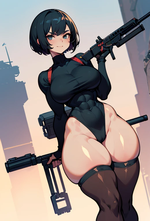 young girl, Pullover, whole body to see, short hair, (( very wide hips)), (((colossal Thighs, gigantic thighs, very huge thighs, very big thighs))), fullbody, high platform heels, soldier girl, Fit girl, ABS, small bikini, mini bikini, Cyberpunk, angry smile, holding gun, Battle, short hair,