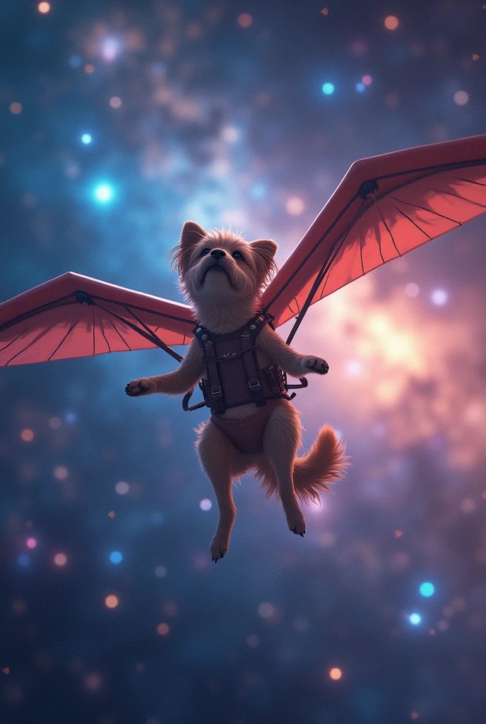 A hang-gliding dog flying through a space full of stars