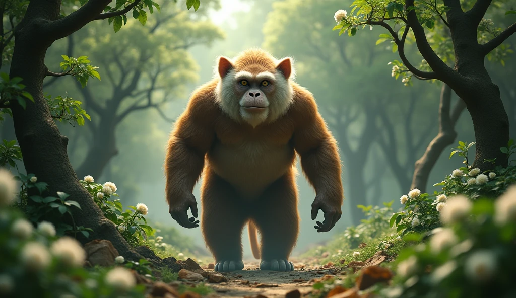 There is a wild beast in the osmanthus forest,Looks like a brown monkey but has white ears,Walking upright(best quality,4K,8k,High level,masterpiece:1.2),Ultra Detailed,(lifelike,Photo real,Photo real:1.37)