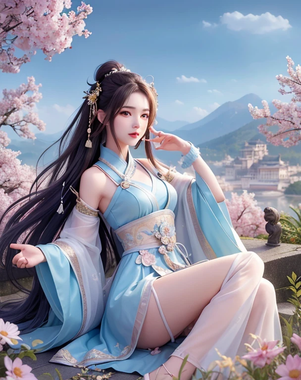 (8K, Photo violence:1.2), best quality, Ultra-high resolution,Dramatic Angle,(éclaboussures de couleurs detailedes flottantes), (illustration),(((1 girl))),(Langheier),(rain:0.9), (Haircut:1.4),There is an ancient palace next to the girl,Hanfu,(key point),painting&#39;ink de couleur,(The touch of color),The touch of color,(((colored))),(sketch:0.8) , of the head&#39;artwork, best quality, Beautiful painting, Very detailed,(Denoising:0.6),[splash&#39;ink],((Refraction of light&#39;ink)), (Beau ciel detailed),moonlight,Very,detailed,(of the head&#39;artwork, best quality, extrêmement detailed） background&#39;CG screen unit 8K，of the head&#39;artwork，best quality，ultra detailed），（lycoris）.Off-shoulder ballet skirt, V-neck clothes, Delicate silk lace dress, Short skirt , (huge ，cleveage),, white pink, blue ，best quality，tof the head&#39;artwork，Ultra-high resolution，（Reality：1.4），Photo violencegr，（Real skin texture：1.3），（filmgrain：1.3），（Selfie Angle），A girl with big breasts，Beautiful details of eyes and face，tof the head&#39;artwork，La best quality au mieux，，The chest is more exposed， Cheveux detaileds, Good pink , 8k detail, Whole body, lace petticoat