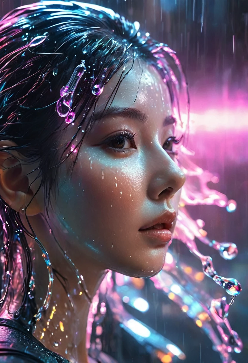 1 girl，beautiful，cyberpunk style,Bling Bling Bling Bling，motion blur，water drop，Cinematic lighting effects