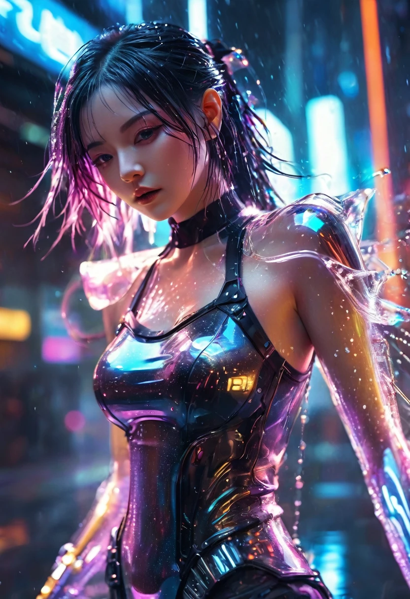 1 girl,beautiful,cyberpunk style,Bling Bling Bling Bling,motion blur,water drop,Cinematic lighting effects