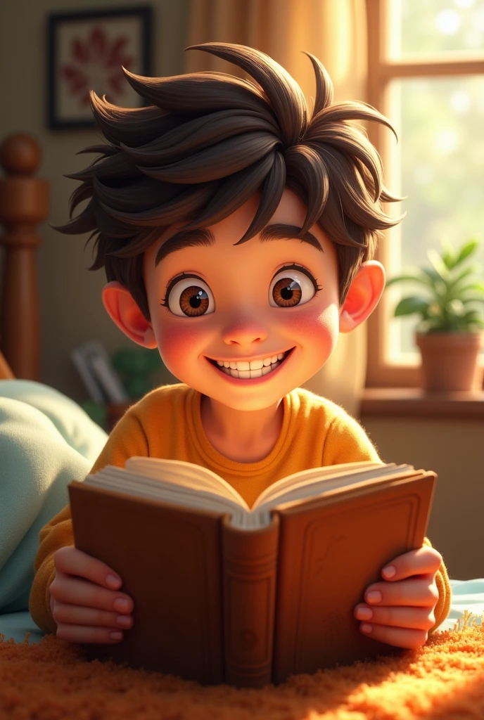 Juan a boy reading a book smiling
