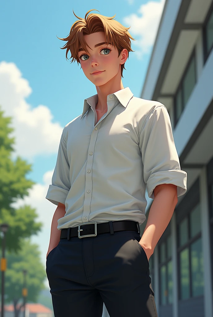 {{upper body, dutch angle}} {{Artist: sincos}} 1boy, young male, soft chestnut short hair, gray eyes, irish, white shirt, black pants belt, outdoors, back of the school, standing, neutral position, pov, modern