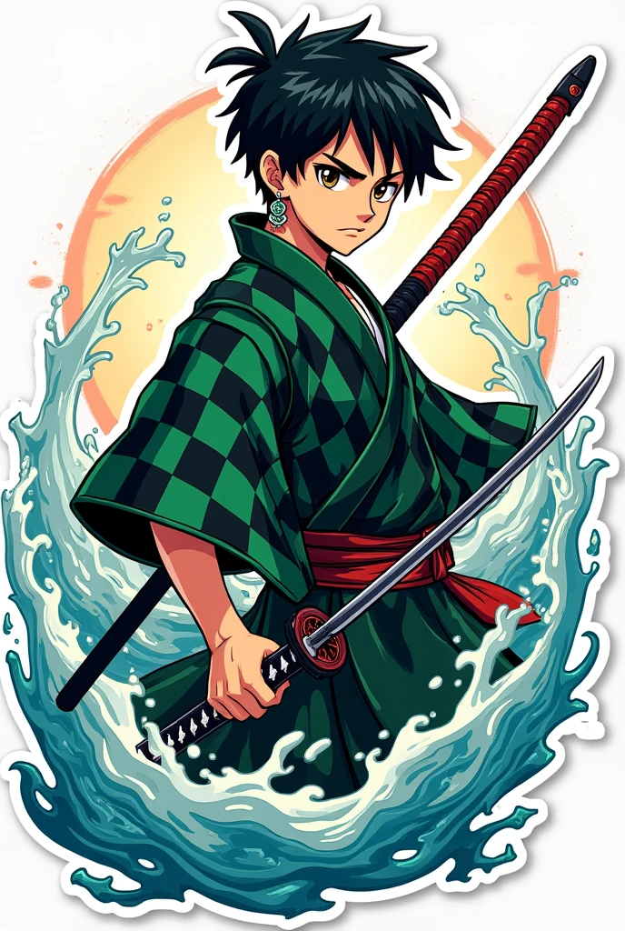 Design a vibrant and dynamic sticker of a young warrior with short, dark hair and a scar on his forehead. He is dressed in a green and black checkered haori and has distinctive hanafuda earrings. He is in a battle-ready pose, holding a katana sword with fierce determination in his eyes. The warrior is surrounded by swirling, stylized water effects, representing his mastery of a powerful, fluid combat technique. The overall design should be bold and colorful, capturing the intensity of his courage and resolve in the face of danger