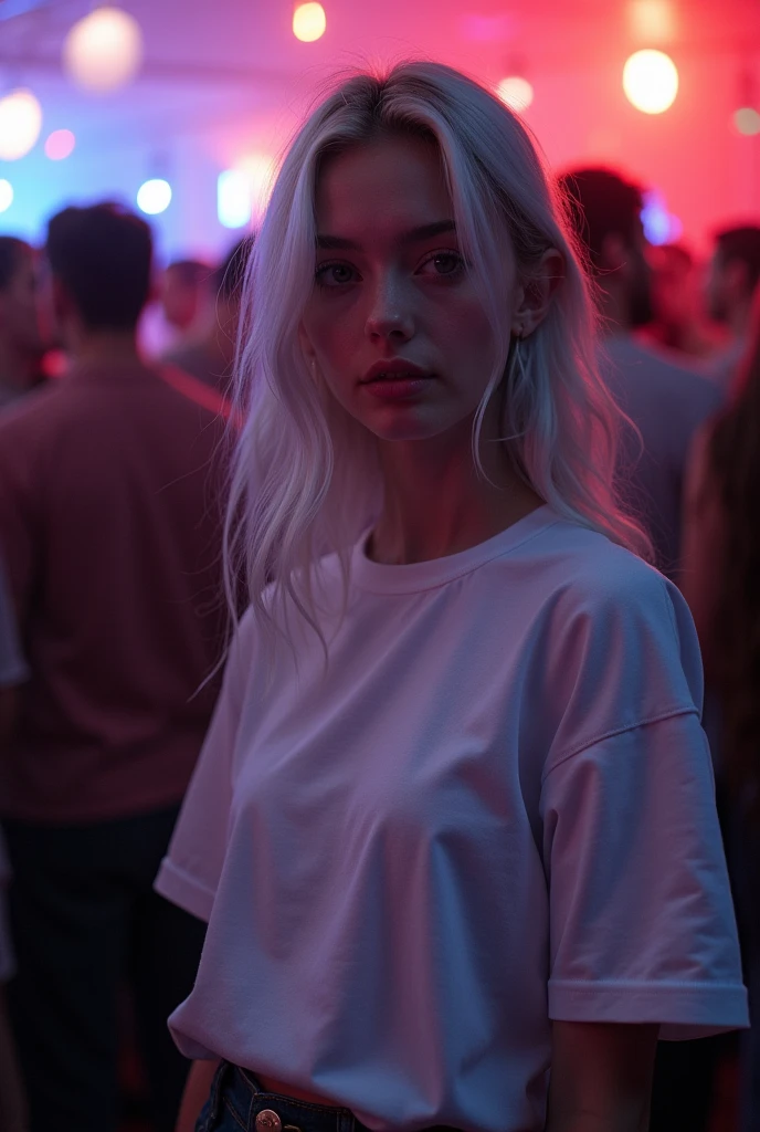 Beautiful girl in full growth, with white skin, light gray hair, Professional full-length photo, realistic, against the backdrop of a crowd at a party, dark atmosphere, Light music, Light show, wearing a voluminous T-shirt