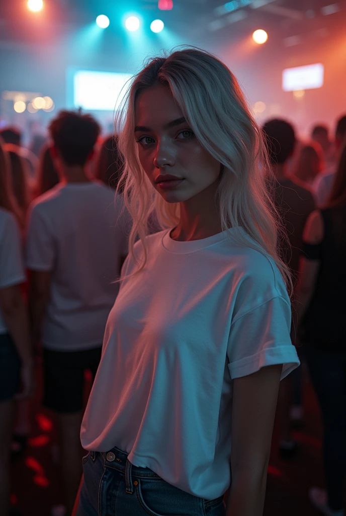 Beautiful girl in full growth, with white skin, light gray hair, Professional full-length photo, realistic, against the backdrop of a crowd at a party, dark atmosphere, Light music, Light show, wearing a voluminous T-shirt