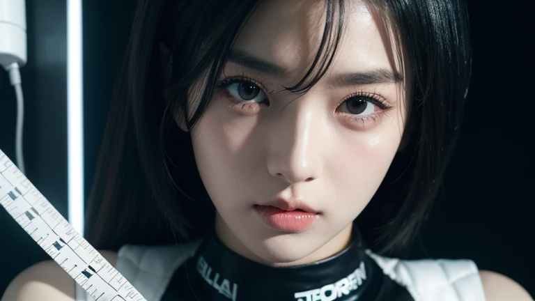k-popアイドル、She has cute tape on her face、Black and white themed clothing、Cyberpunk feel、Beauty、The whole body is reflected、Getting in the rhythm、Black Hair、The tape is shiny