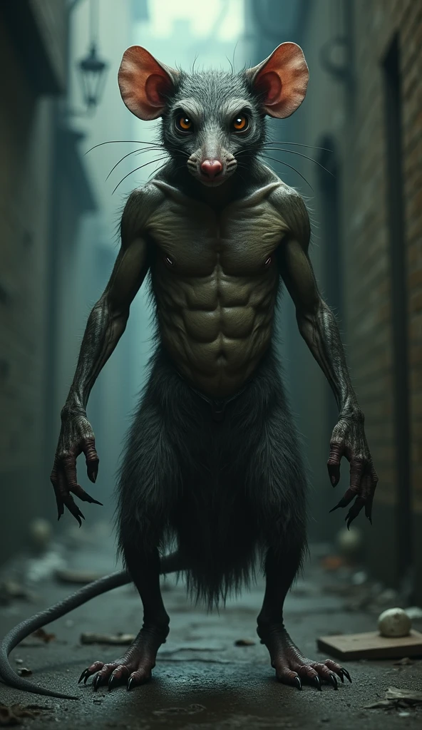 "A surreal image of a hybrid creature with the upper half of its body as a human and the lower half as a rat. The human side should have a muscular, strong appearance with expressive eyes and detailed facial features. The rat side should be realistic, with fur, sharp claws, and a tail. The setting should be a dark, mysterious alley with a mix of shadow and light to create an eerie atmosphere, emphasizing the contrast between the human and rat features. The overall mood should be haunting yet captivating, blending elements of fantasy and horror."