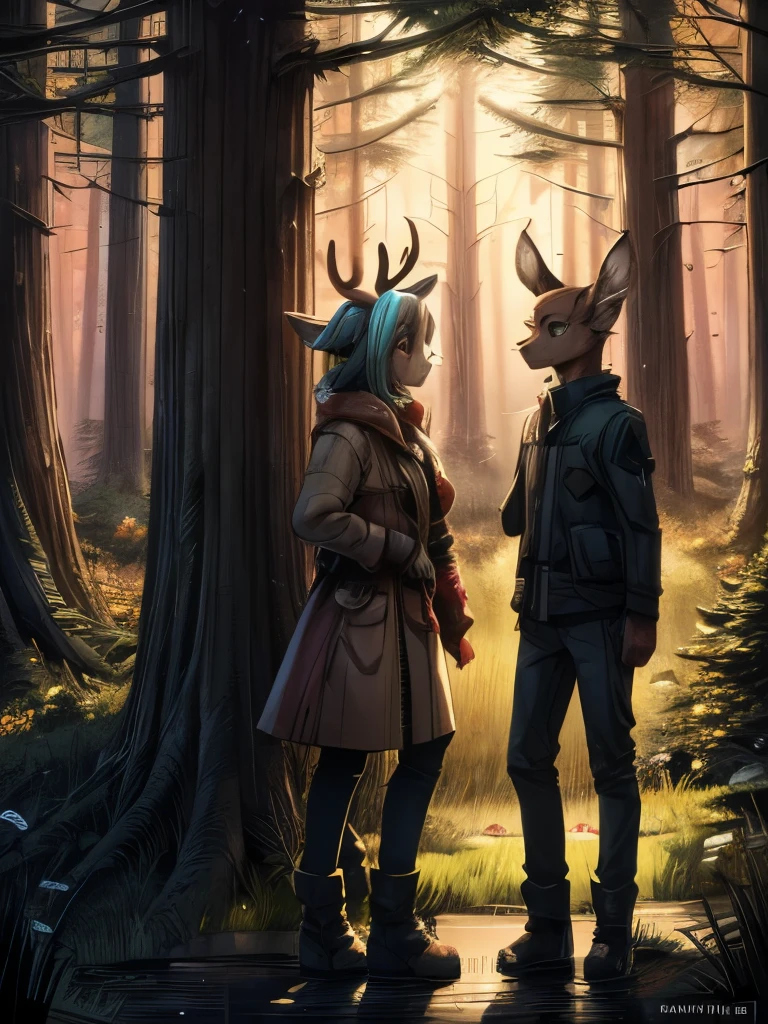 there are two deers that are standing in the woods, a detailed painting by Jin Nong, pixiv, sots art, fauns, brittney lee, laurie greasley and james jean, deers, in pink forest, in style of laurie greasley, jen bartel, pink forest, dreamy psychedelic anime, laurie greasley, beautiful illustration