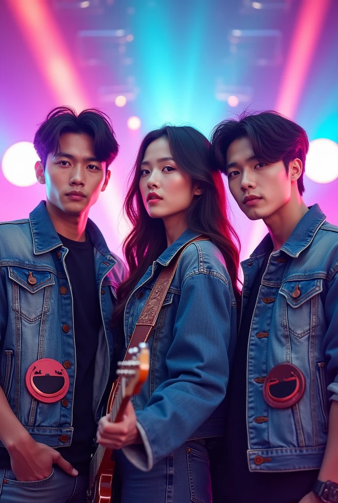 Generate an image of a K-pop band with three handsome male members and one beautiful female member have six pack abs. All members should be wearing trendy denim jackets with smiley face designs, paired with stylish, modern outfits. The group should be posed together, exuding confidence and charisma, with the female member standing out with a bright, captivating smile. The background should be vibrant and dynamic, reflecting the energetic and fashionable vibe of the band.