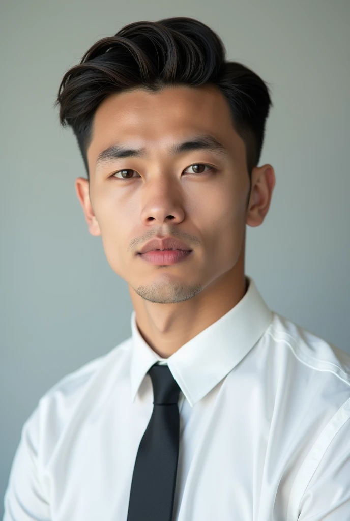 handsome young male passport photo, white shirt and tie, neat hair