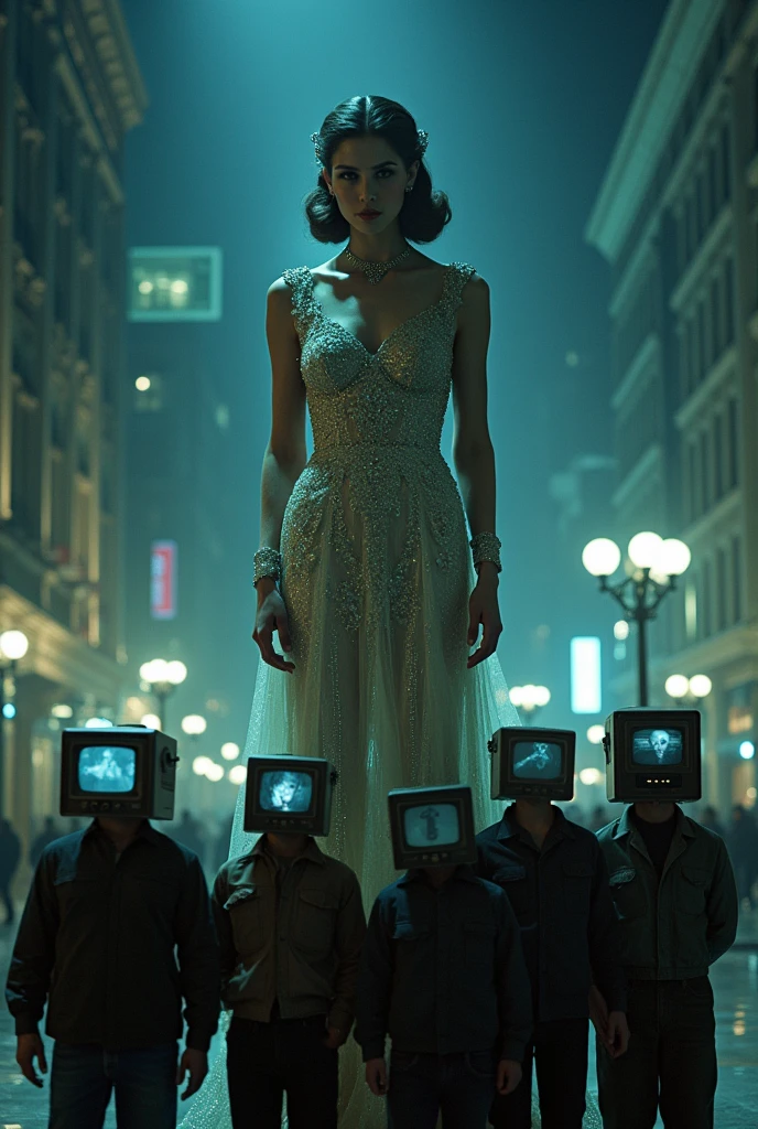 (Cinematic wide shot:1.4) photo of a group of people in casual clothing, each with a vintage TV set as their head, with their faces seamlessly projected on the screens, all gazing upwards at a towering, giant, beautiful woman dressed in glittering evening wear, with glamorous makeup and an intricate evening hairstyle, (elegant and powerful presence:1.3), the group appears tiny in comparison to her immense size, low-angle framing looking upwards, in a surreal urban night scene with reflective surfaces, under dramatic spotlight, shot on a Canon EOS R5 with a 24mm lens, (in the style of surrealist photography:1.5).