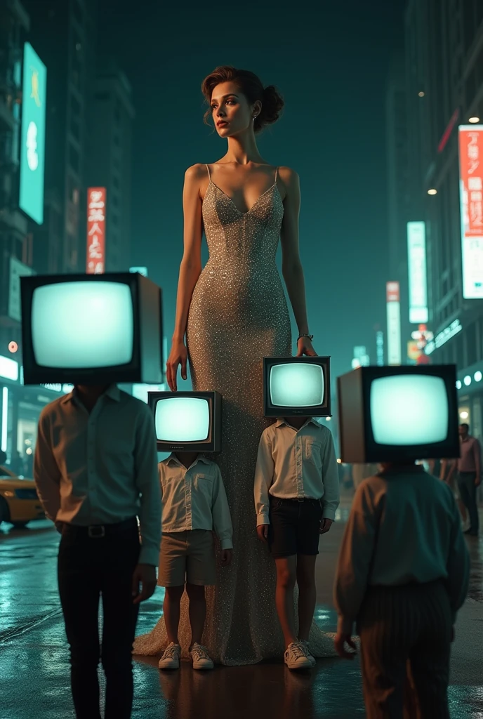 (Cinematic wide shot:1.4) photo of a group of people in casual clothing, each with a vintage TV set as their head, with their faces seamlessly projected on the screens, all gazing upwards at a towering, giant, beautiful woman dressed in glittering evening wear, with glamorous makeup and an intricate evening hairstyle, (elegant and powerful presence:1.3), the group appears tiny in comparison to her immense size, low-angle framing looking upwards, in a surreal urban night scene with reflective surfaces, under dramatic spotlight, shot on a Canon EOS R5 with a 24mm lens, (in the style of surrealist photography:1.5).