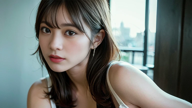 a girl in a city night scene, white tank top, spreading legs, showing her panties, beautiful detailed eyes, beautiful detailed lips, extremely detailed face, long eyelashes, excited expression, (best quality,4k,8k,highres,masterpiece:1.2),ultra-detailed,(realistic,photorealistic,photo-realistic:1.37),cinematic lighting,moody colors,dramatic lighting,intricate details,erotic,sensual,intimate
