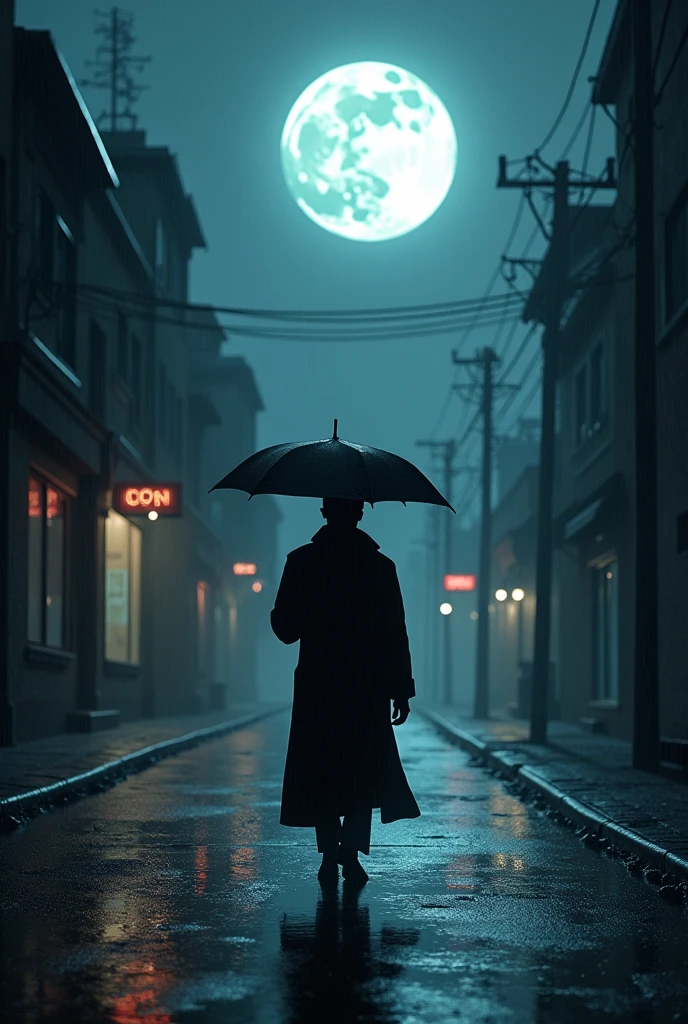 man with coat and umbrella, walking down a desolate street with wet floors with a full moon