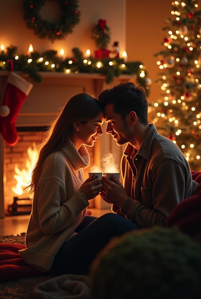 Couple by the fireplace dringking hot chocolate, christmas season