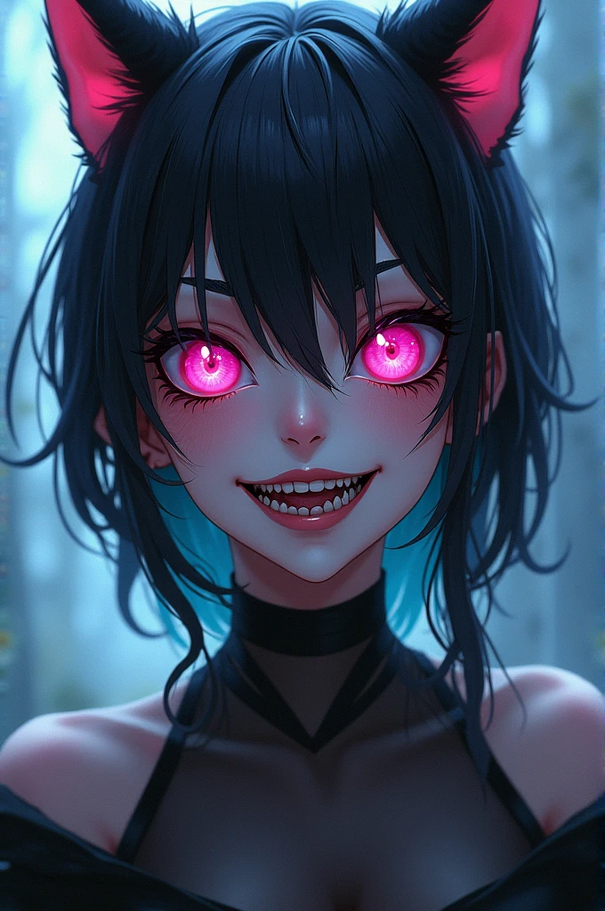 Masterpiece artwork, best qualityer, 1 girl, herzha, (teeths: 0,8), oni horns, pink sclera, slit pupils, ironic smile