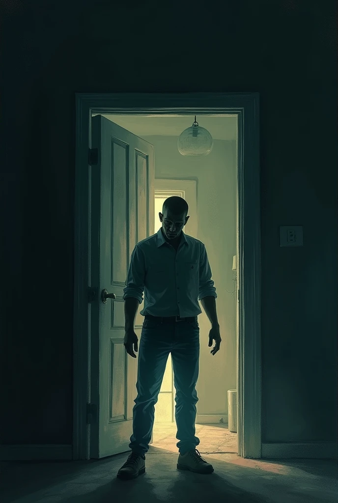 A man is standing near a door, which is suddenly closed. His distorted shadow is moving away from the wall towards her."