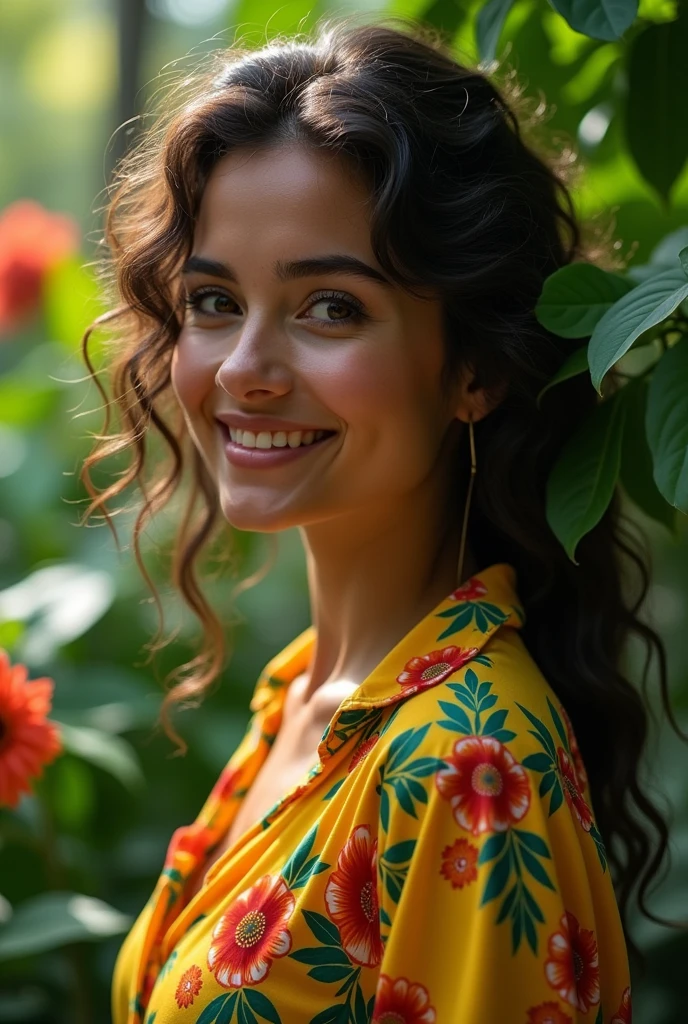 A Brazilian woman in a lush tropical garden, wearing an open shirt with a floral print, with a close-up capturing the harmonious beauty between her breasts and the natural flowers, showing off your natural charm and outgoing personality.