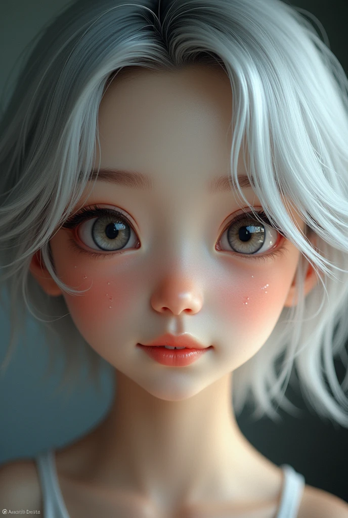 a beautiful young half japanese half Nordic girl,large expressive eyes,dorrpy eyes,beautiful detailed eyes,charming eyes,extremely detailed and beautiful face,(charming smile:1.25),flawless transparent skin,ultra short hair,silver hair,highschool uniform,(masterpiece,high resolution,photorealistic,extremely detailed:1.5),detailed description,vivid colors,studio lighting,physically-based rendering,intricate detail