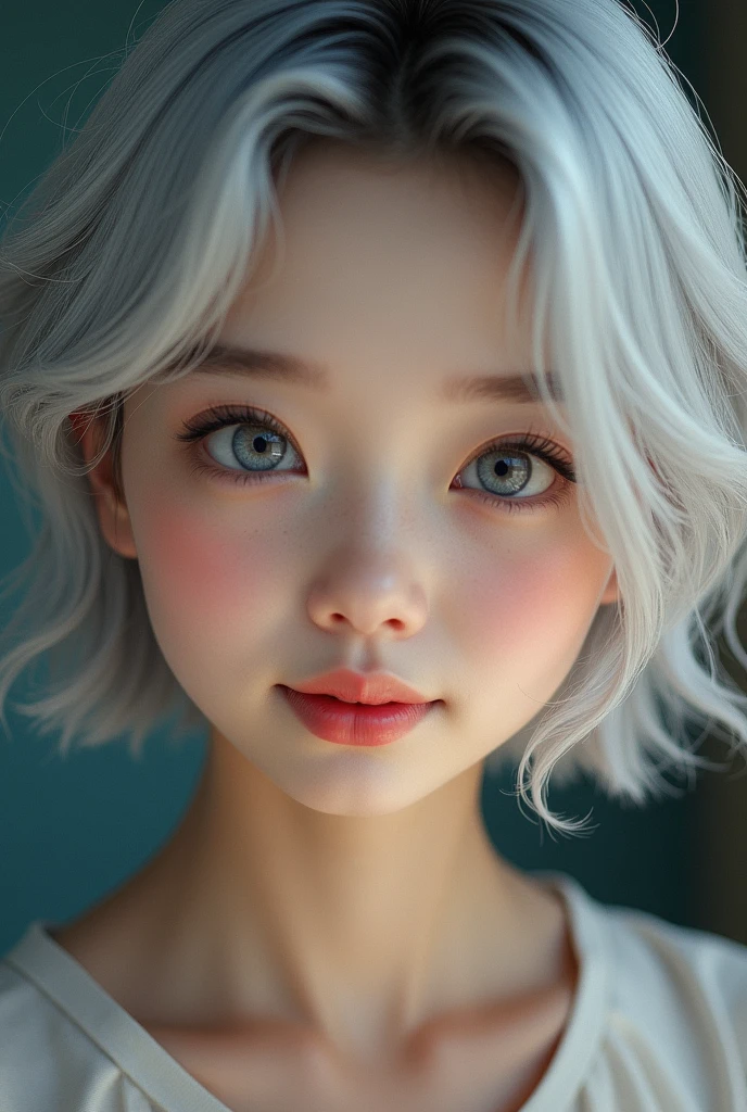 a beautiful young half japanese half Nordic girl,large expressive eyes,dorrpy eyes,beautiful detailed eyes,charming eyes,extremely detailed and beautiful face,(charming smile:1.25),flawless transparent skin,ultra short hair,silver hair,highschool uniform,(masterpiece,high resolution,photorealistic,extremely detailed:1.5),detailed description,vivid colors,studio lighting,physically-based rendering,intricate detail