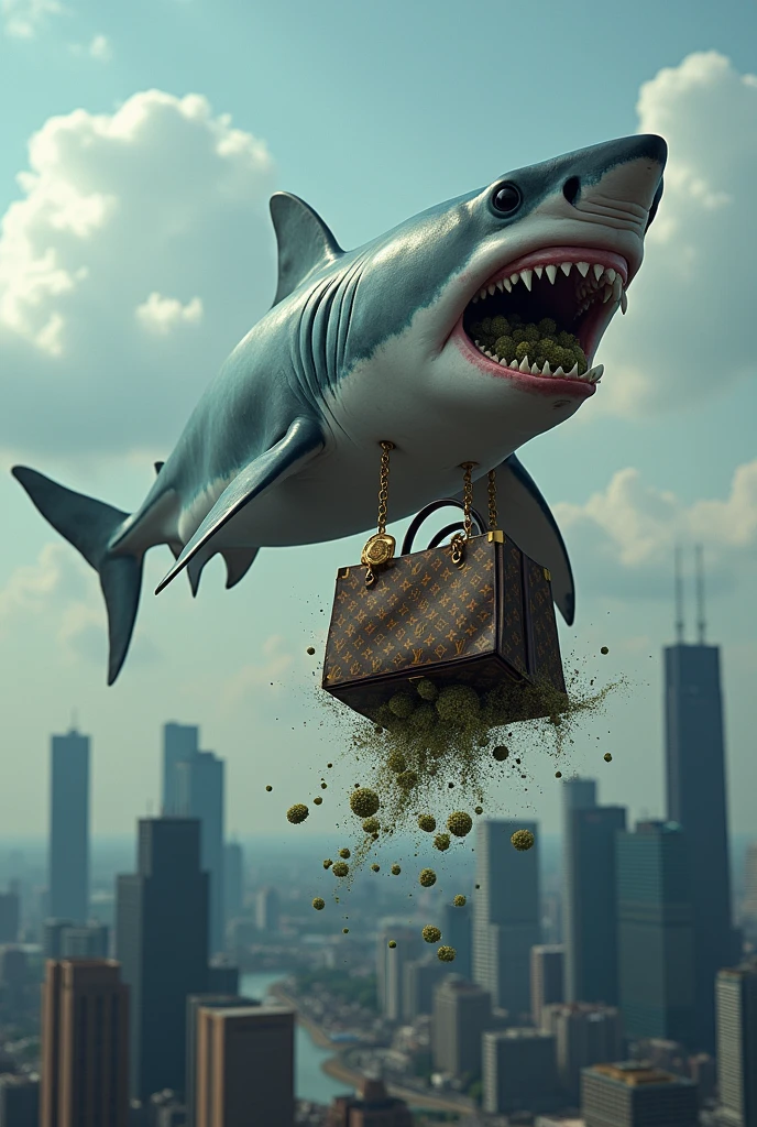 Frankfurt am main skyline,a shark carrying LV trio bag contents codein lean with weed
