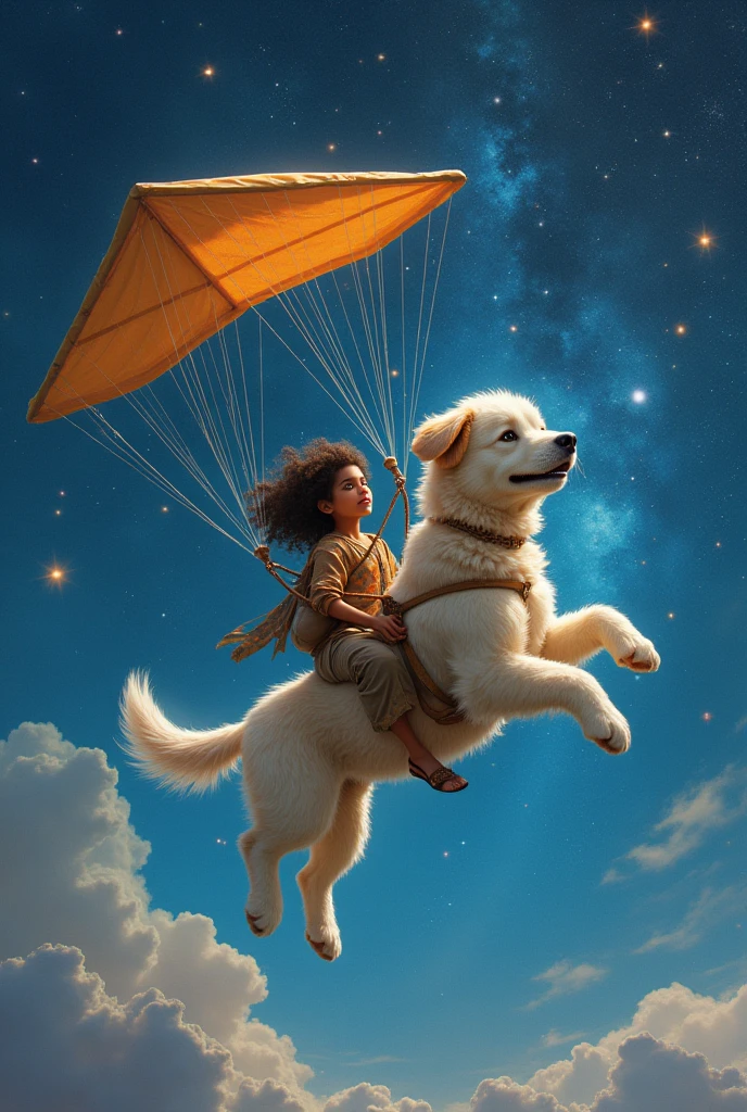 A hang-gliding dog flying through a star-filled space with a curly-haired Indian