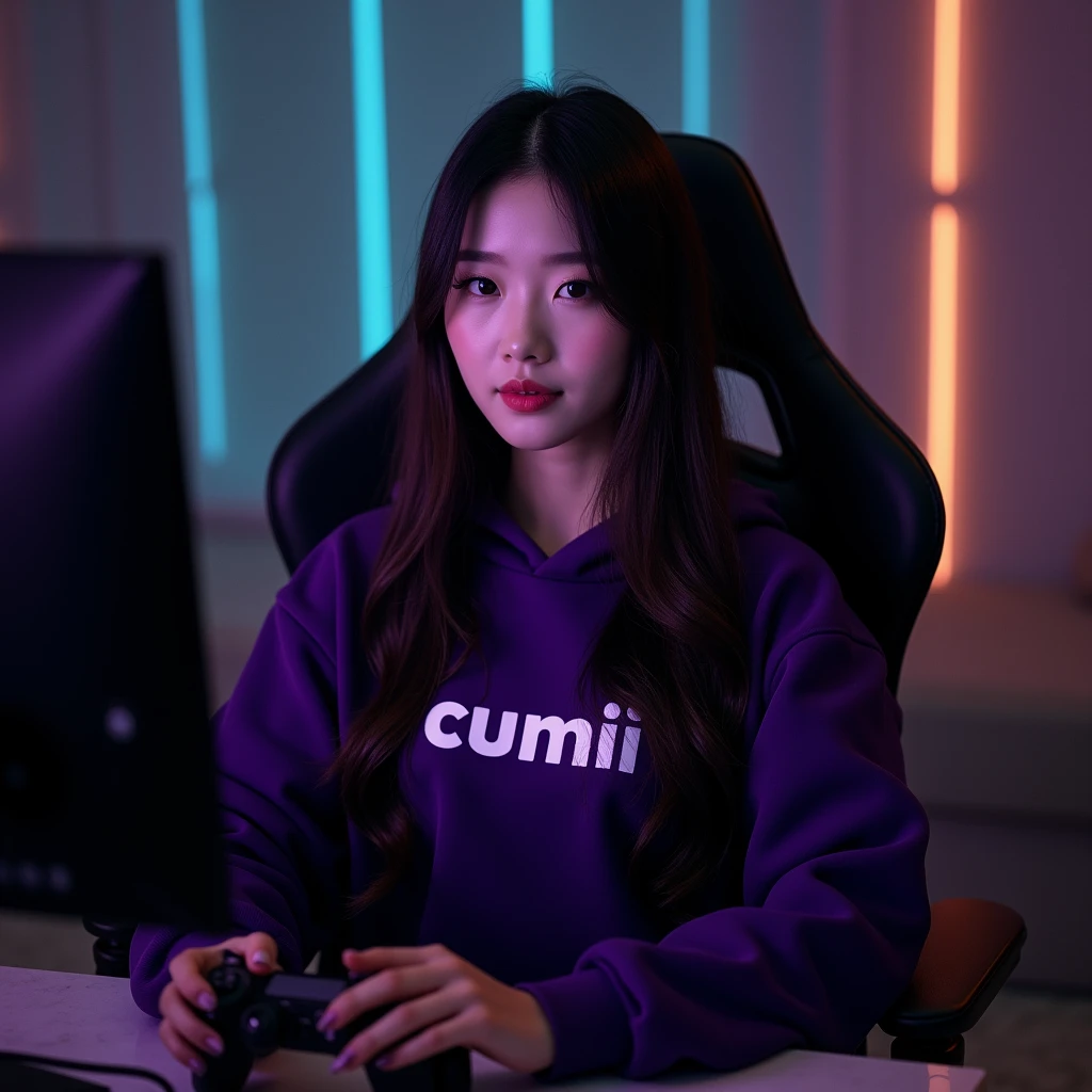 A beautiful Korean woman , with long hair sitting on a gaming chair wearing a dark purple hoodie with a name on it " cumiii "