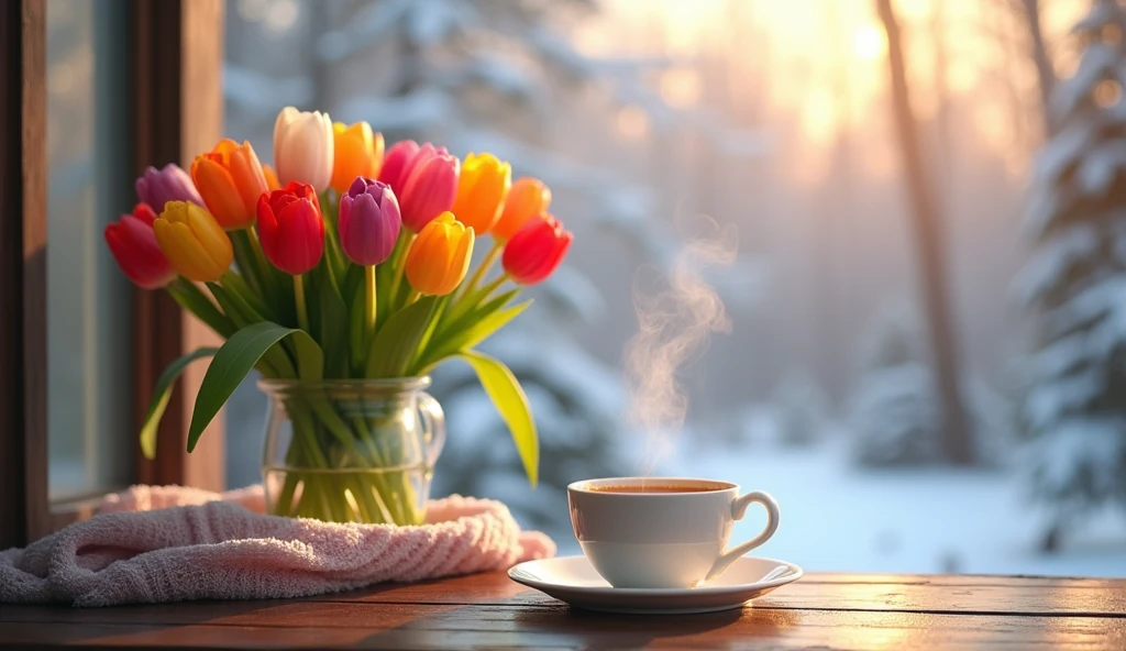 Start your day right with a beautiful bouquet of tulips beside a steaming cup of tea on your veranda. The winter chill outside contrasts perfectly with this tranquil, colorful retreat.
