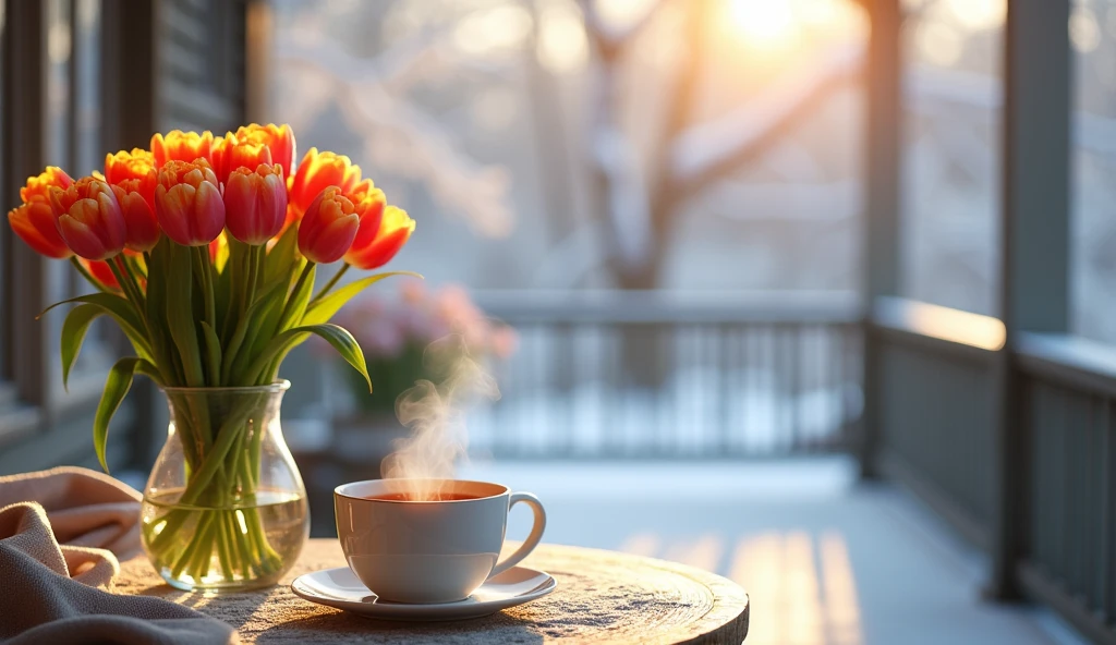 Start your day right with a beautiful bouquet of tulips beside a steaming cup of tea on your veranda. The winter chill outside contrasts perfectly with this tranquil, colorful retreat.
