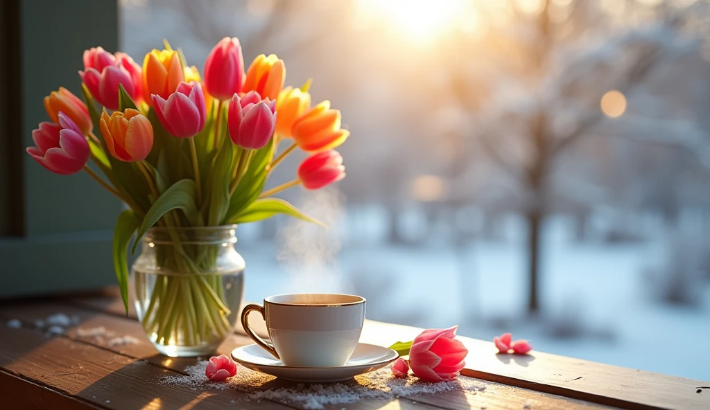 Start your day right with a beautiful bouquet of tulips beside a steaming cup of tea on your veranda. The winter chill outside contrasts perfectly with this tranquil, colorful retreat.
