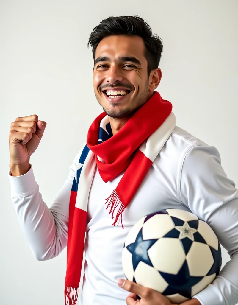 A young Chilean man wearing a white shirt and a red and white and blue soccer scarf, one hand closed into body with fist hand, a victorious gesture, second hand holding a soccer ball and smiling in front of a white background