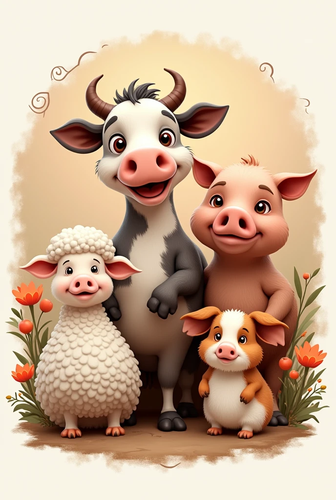 Logo with cow, pig, sheep, turkey, guinea pig in oil
